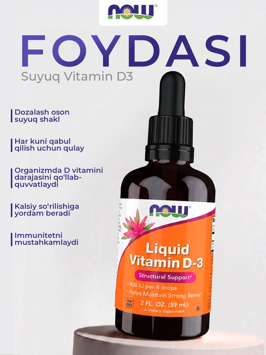 Now Foods suyuq vitamin D3, 400 ME 59 ml, immunitet uchun qulaylik va уengillik