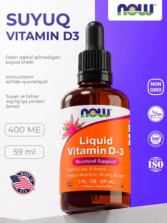 Now Foods suyuq vitamin D3, 400 ME 59 ml, immunitet uchun qulaylik va уengillik - 