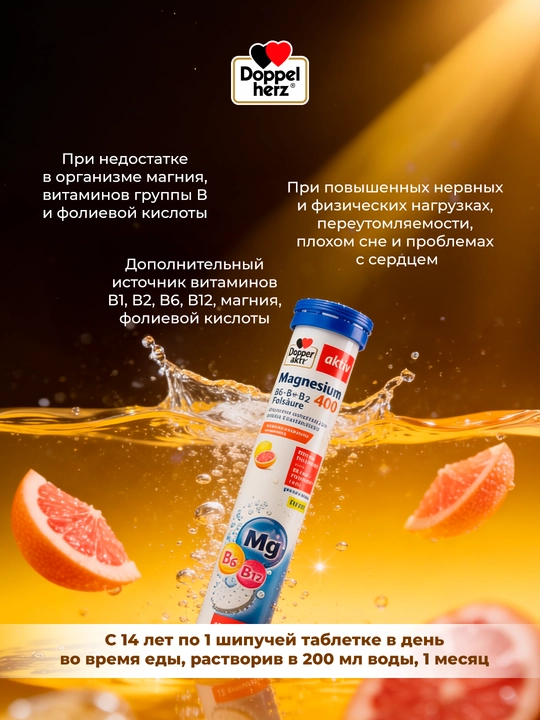 Доппельгерц Актив Магний 400 + Витамины группы-B шипучие таблетки №15