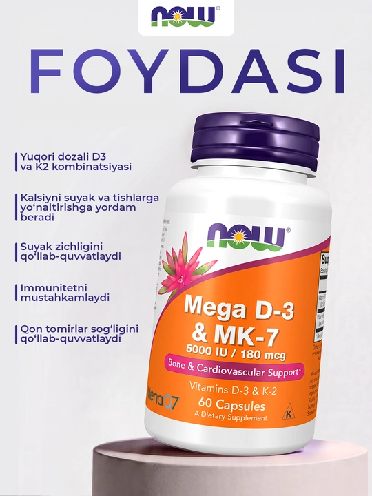 NOW Foods Mega D3 + MK-7, 5000 ME/180 mkg kuchli suyaklar va immunitet, 60 kapsula Halol