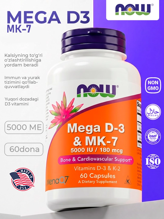 NOW Foods Mega D3 + MK-7, 5000 ME/180 mkg kuchli suyaklar va immunitet, 60 kapsula Halol - 