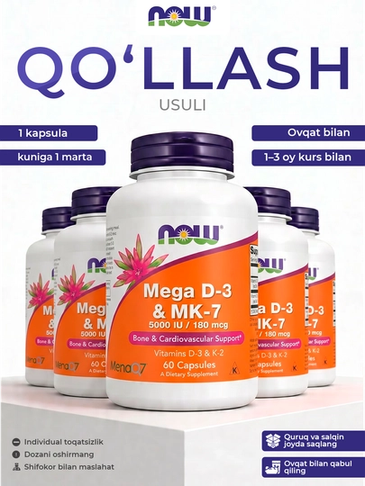 NOW Foods Mega D3 + MK-7, 5000 ME/180 mkg kuchli suyaklar va immunitet, 60 kapsula Halol