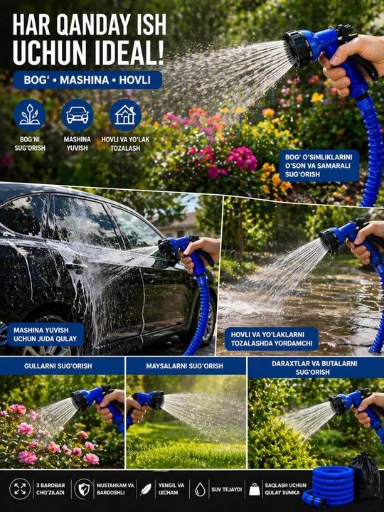 Cho‘ziladigan sug‘orish shlangi 15–45m 3X uzayadi  7 rejimda sepadi bog va mashina uchun