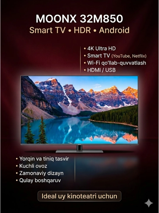 Телевизор, телевизор смарт 32 MOONX 32M850 Smart TV 32” — Android, HDR, Wi-Fi, YouTube - 