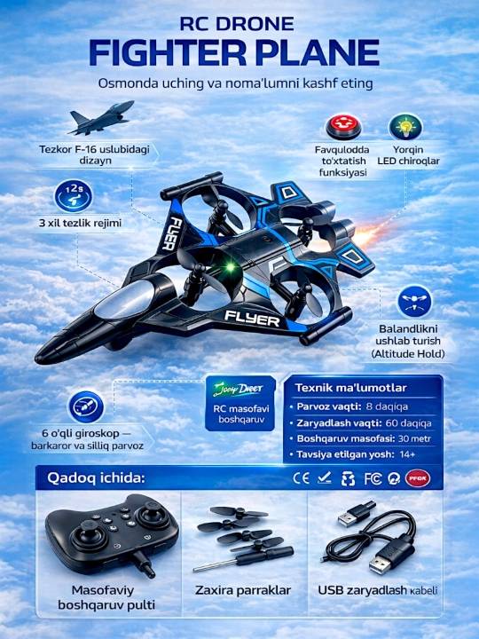 Самолет-дрон радиоуправляемый Fighter с 360° трюками и яркой RGB-подсветкой - 