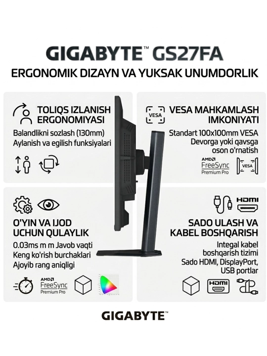 Игровой монитор Gigabyte G027Q24 OLED 2K 240Hz 0.03ms G-Sync Compatible Pro Gaming