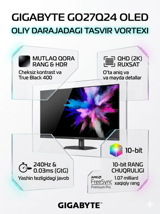 O'yin monitori Gigabyte G027Q24 OLED 2K 240Hz 0.03ms G-Sync Compatible Pro Gaming - 