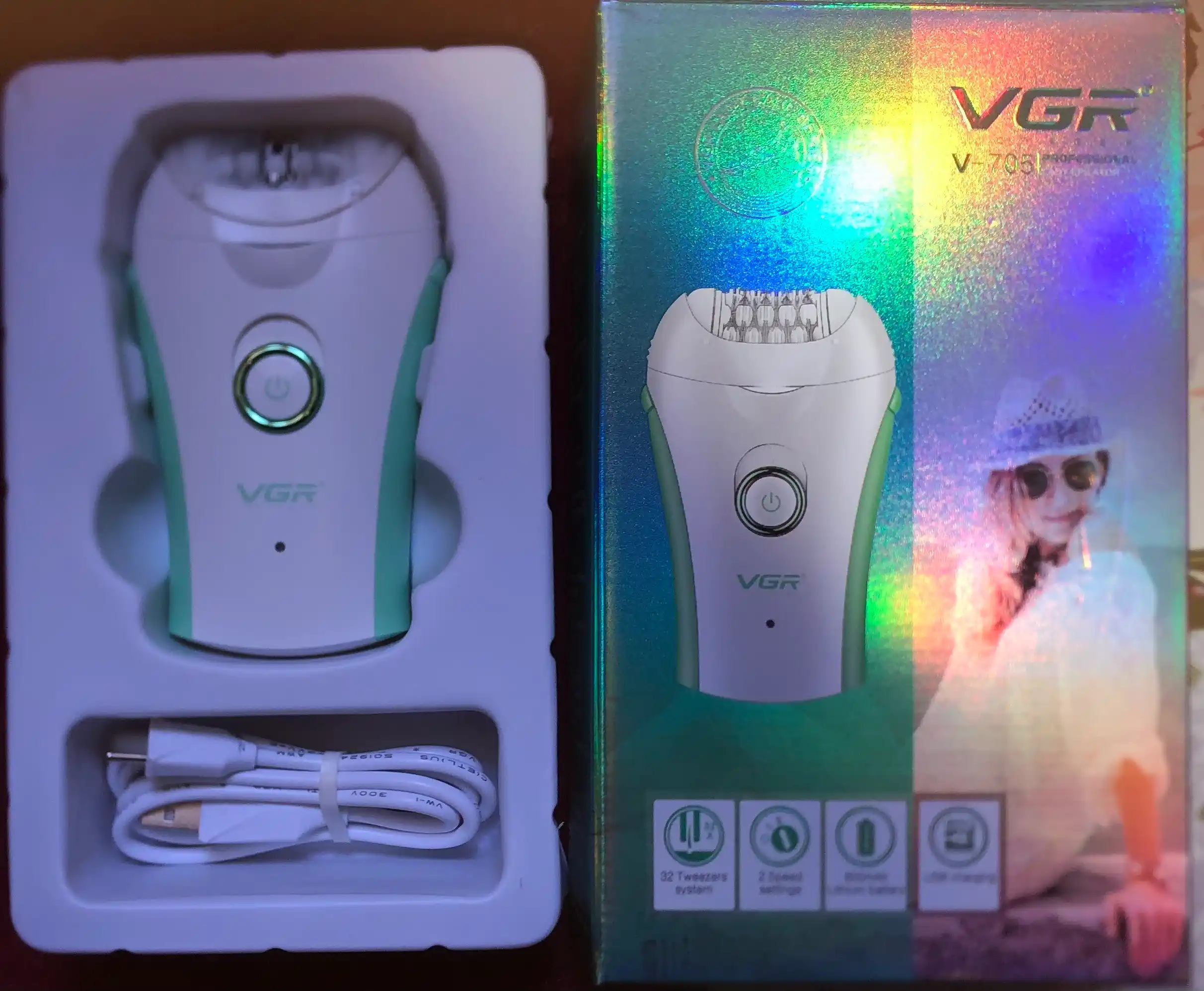 Эпилятор VGR V-705 для женщин, 32 пинцета, 2 скорости, подсветка, USB зарядка, 120 мин