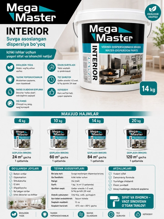 Mega Master INTERIOR suvga asoslangan dispersiya bo‘yoq  ichki devorlar uchun oq