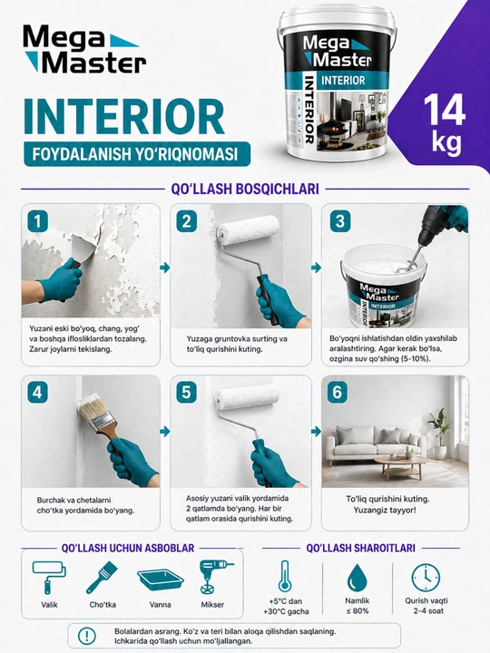 Mega Master INTERIOR suvga asoslangan dispersiya bo‘yoq  ichki devorlar uchun oq