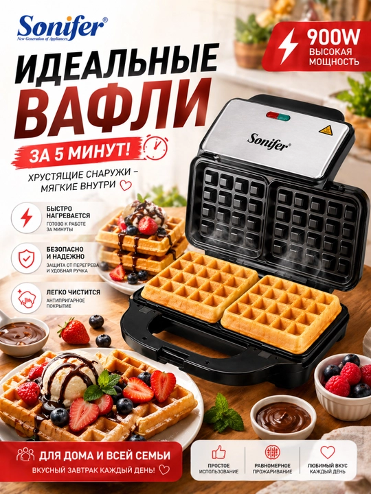 Вафельница 3 в 1, сэндвичница и гриль, 1200 Вт, антипригарное покрытие