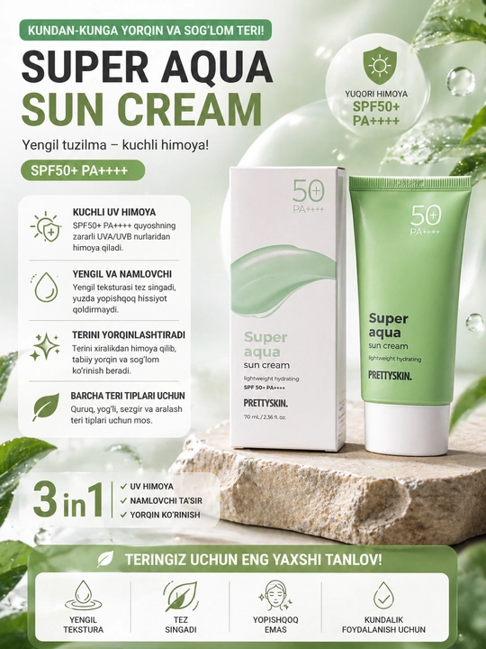 Pretty Skin Yuz uchun namlovchi, quyoshdan himoyalovchi krem SPF50+ PA+++ 4 xil, 70 ml