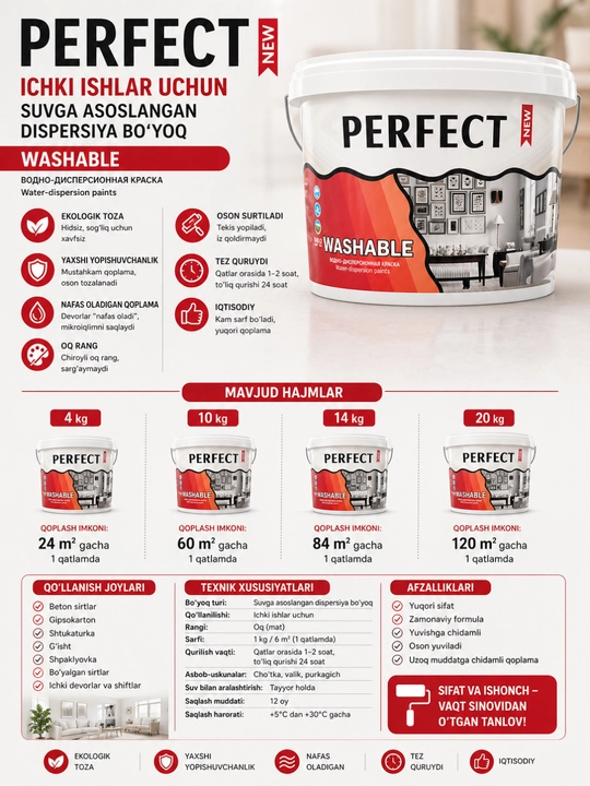 PERFECT WASHABLE suvga asoslangan dispersiya bo‘yoq  ichki devorlar uchun yuviladigan