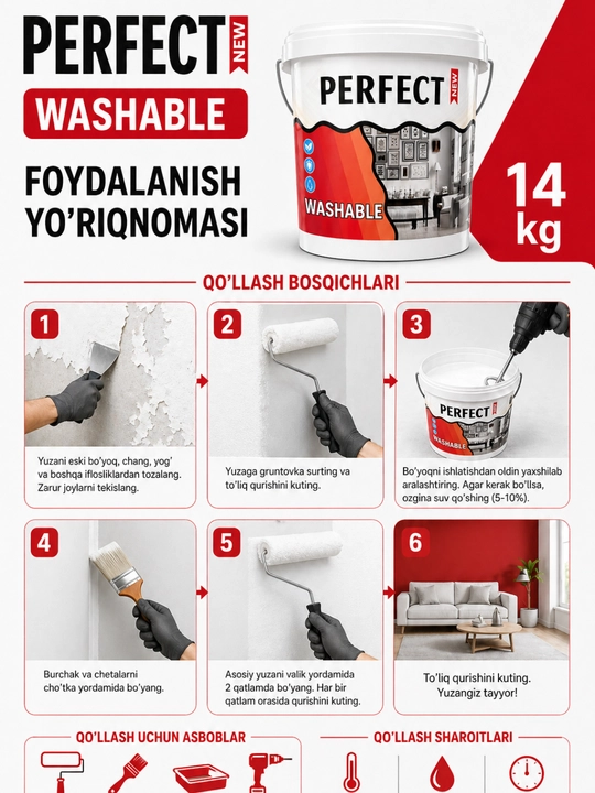 PERFECT WASHABLE suvga asoslangan dispersiya bo‘yoq  ichki devorlar uchun yuviladigan