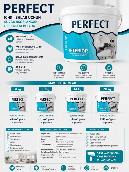 PERFECT WASHABLE suvga asoslangan dispersiya bo‘yoq  ichki devorlar uchun yuviladigan