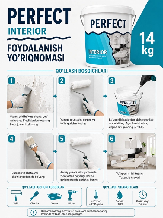 PERFECT WASHABLE suvga asoslangan dispersiya bo‘yoq  ichki devorlar uchun yuviladigan