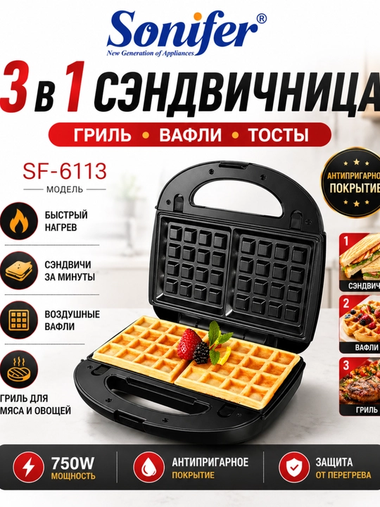 Вафельница 3 в 1, сэндвичница и гриль, 1200 Вт, антипригарное покрытие - 