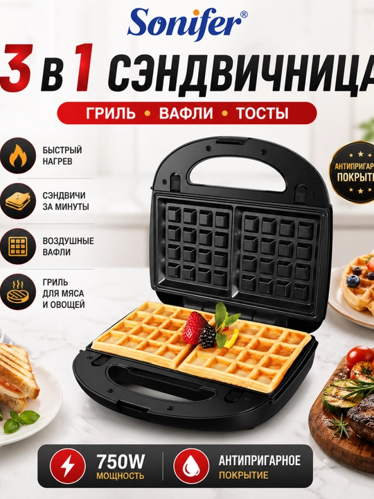 Вафельница 3 в 1, сэндвичница и гриль, 1200 Вт, антипригарное покрытие