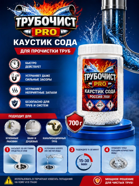 Trubochist PRO kaustik soda granulasi – quvurlarni tozalash vositasi