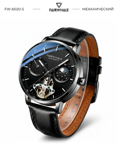 Мужские механические наручные часы Mark Fairwhale FW-6020 MOONSKELAR в подарочной коробке — MRWATCH-FW6020-ЧЕРН
