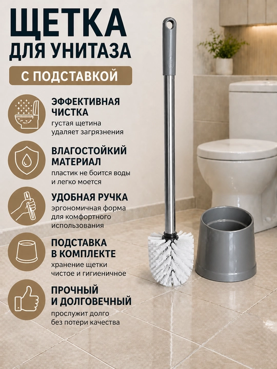 Щетка для унитаза с подставкой пластиковая, ершик для туалета удобный и прочный - 