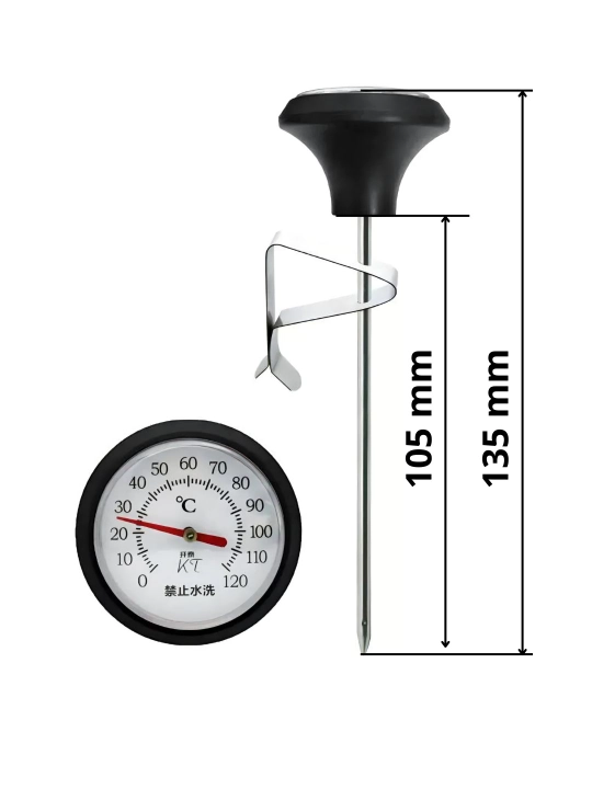 Termometr ignalı 0–120°C suyuqlik, go‘sht, sut, suv, kofe uchun ushlagich (derjatel) bilan