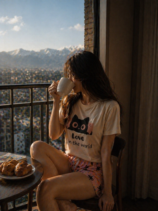 Ayollar pijama set mushuk print uy kiyimi qulay yumshoq trend set