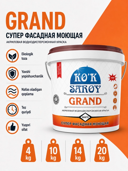 Blue Palace GRAND akril va suv asosidagi, yuviladigan, oq fasad bo‘yog‘i - 