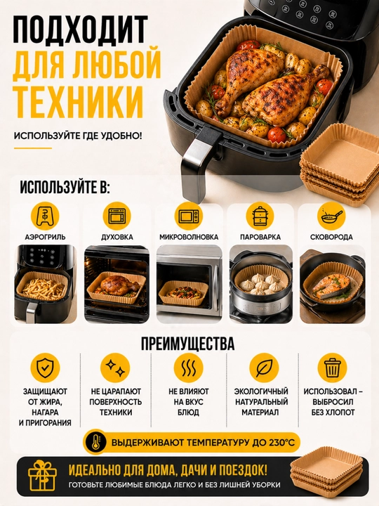 Pergament qog‘oz, aerogrill va frityurnitsa uchun qog‘oz shakllar, 50/100 dona
