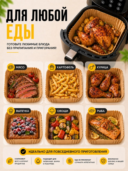 Pergament qog‘oz, aerogrill va frityurnitsa uchun qog‘oz shakllar, 50/100 dona