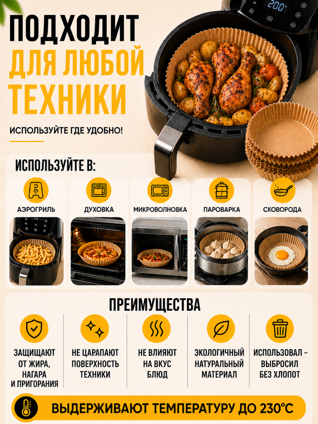 Pergament qog‘oz, aerogrill va frityurnitsa uchun qog‘oz shakllar, 50/100 dona