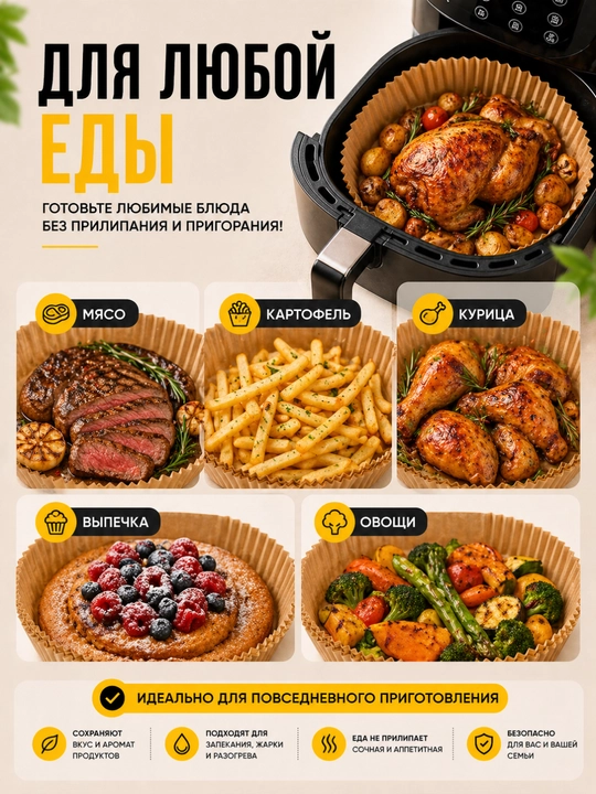 Pergament qog‘oz, aerogrill va frityurnitsa uchun qog‘oz shakllar, 50/100 dona