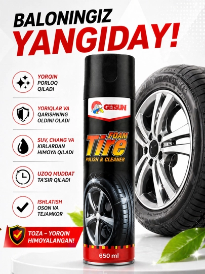 GETSUN Foam Tire – спрей для чернения и очистки шин, 650 мл — TMSH-BALON