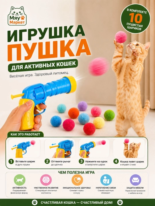 Игрушка-пушка пистолет для кошек с мягкими шариками – интерактивная игра возможный цвет - 