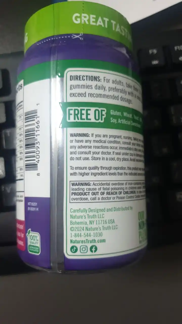 Nature's Truth Temir (Iron) + B-Kompleks va Sink, 60 ta vegan marmelad