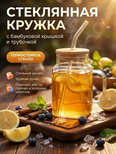 Стакан для напитков, с трубочкой и крышкой, стеклянный — POSUDAM-СТАКНБК-ИНДИГО