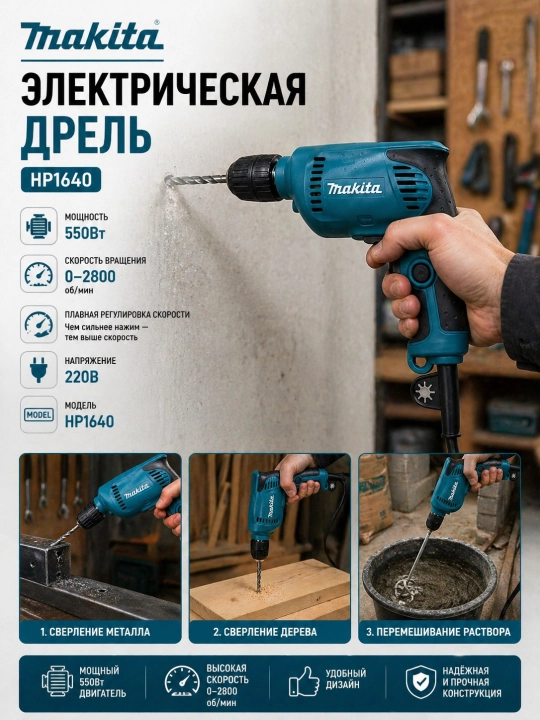 MAKITA Elektr drel 220V 550VT, 6 tezlikli simli drel RIKORT