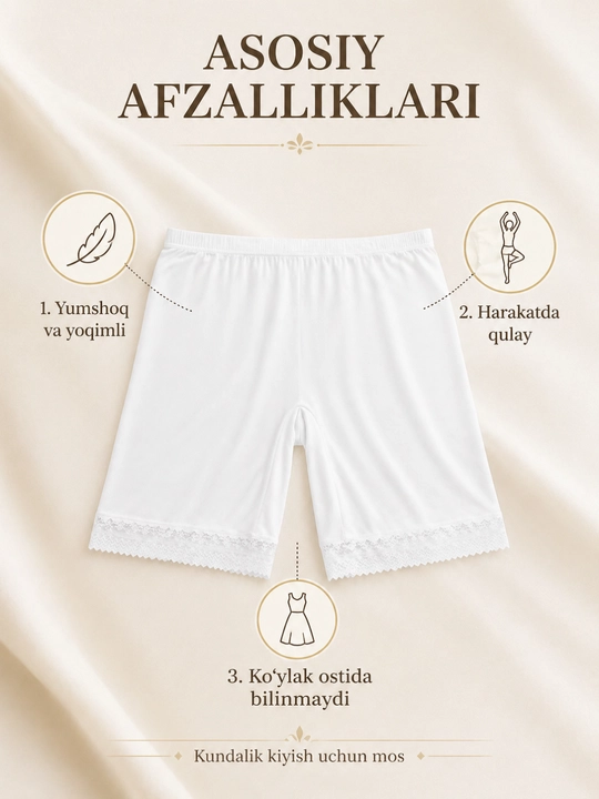 Ayollar ichki shortigi, ko‘ylak va yubka ostiga qulay, qora va qaymoq rang, 42×58 sm