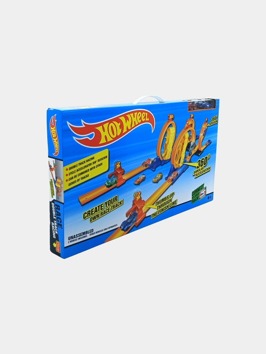 Hot Wheel Poyga To'plami: Ikki yo'lli trek va 360 halqalar 2 mashina bilan