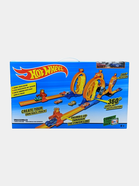 Hot Wheel Poyga To'plami: Ikki yo'lli trek va 360 halqalar 2 mashina bilan - 