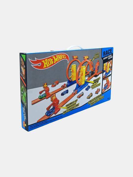 Hot Wheel Poyga To'plami: Ikki yo'lli trek va 360 halqalar 2 mashina bilan