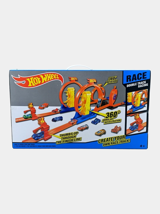 Hot Wheel Poyga To'plami: Ikki yo'lli trek va 360 halqalar 2 mashina bilan