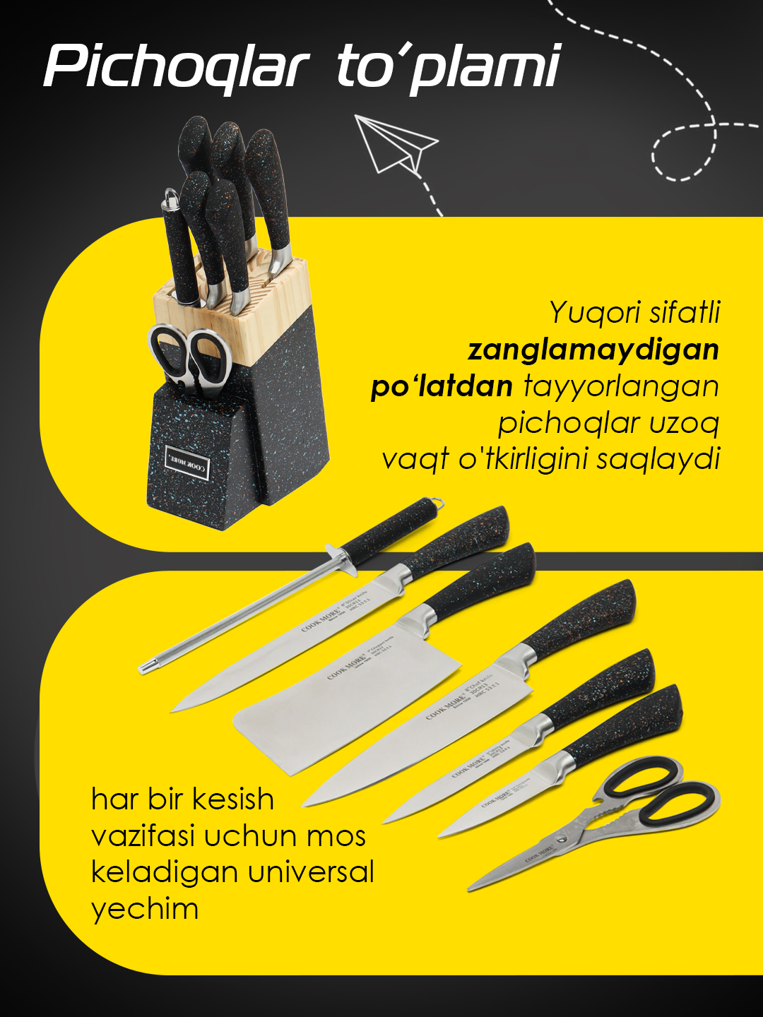 Cook More oshxona pichoqlari to'plami. yog'och stendli 8 qismli