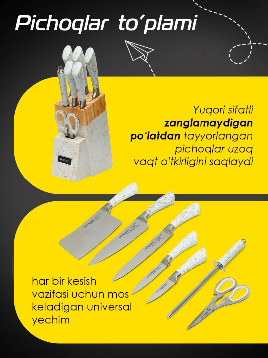 Cook More oshxona pichoqlari to'plami. yog'och stendli 8 qismli