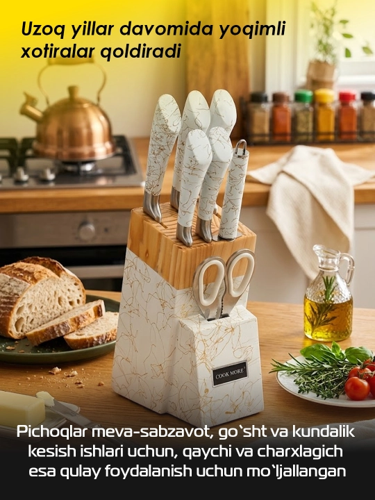 Cook More oshxona pichoqlari to'plami. yog'och stendli 8 qismli