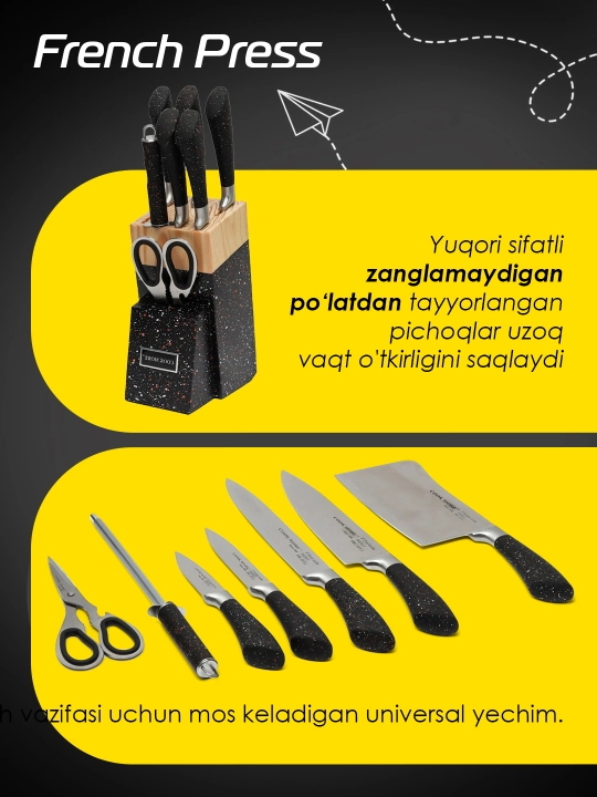 Cook More oshxona pichoqlari to'plami. yog'och stendli 8 qismli
