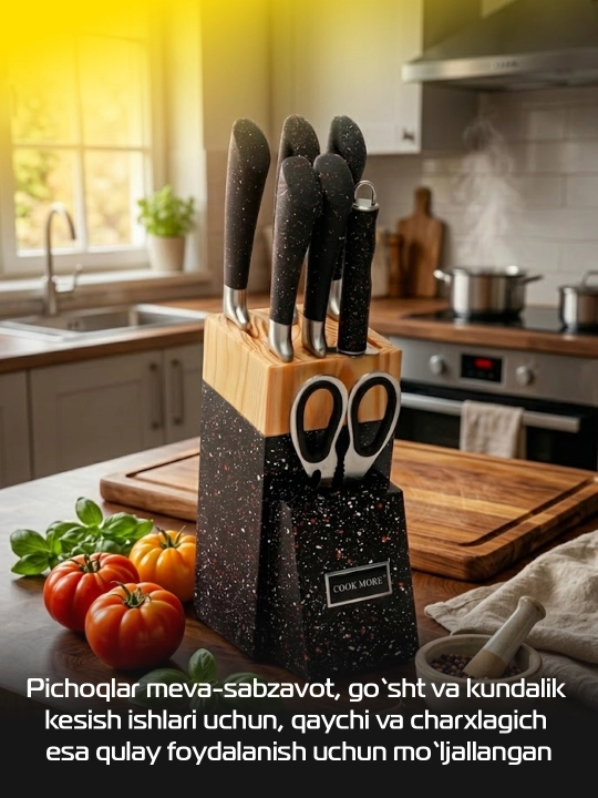 Cook More oshxona pichoqlari to'plami. yog'och stendli 8 qismli