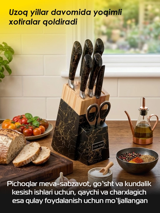 Cook More oshxona pichoqlari to'plami. yog'och stendli 8 qismli