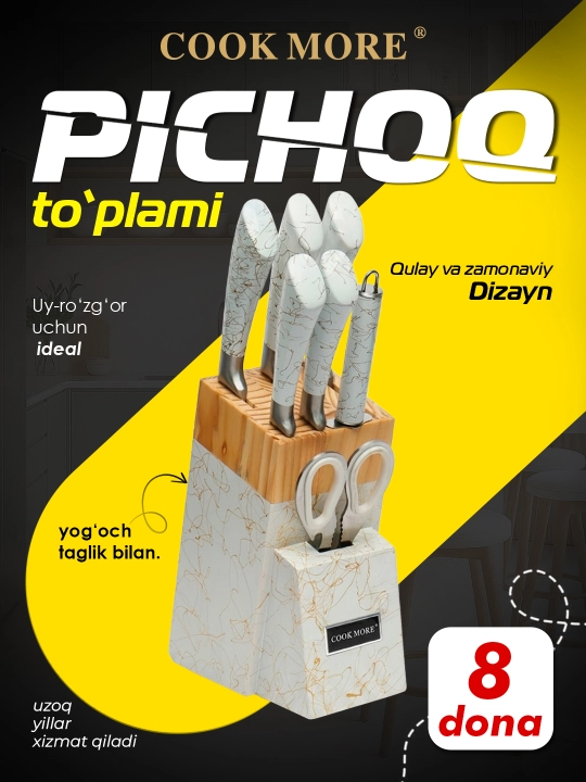 Cook More oshxona pichoqlari to'plami. yog'och stendli 8 qismli