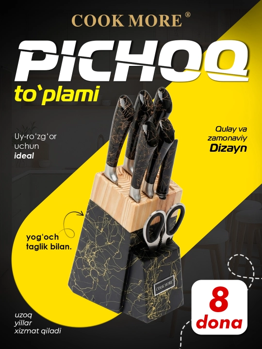 Cook More oshxona pichoqlari to'plami. yog'och stendli 8 qismli